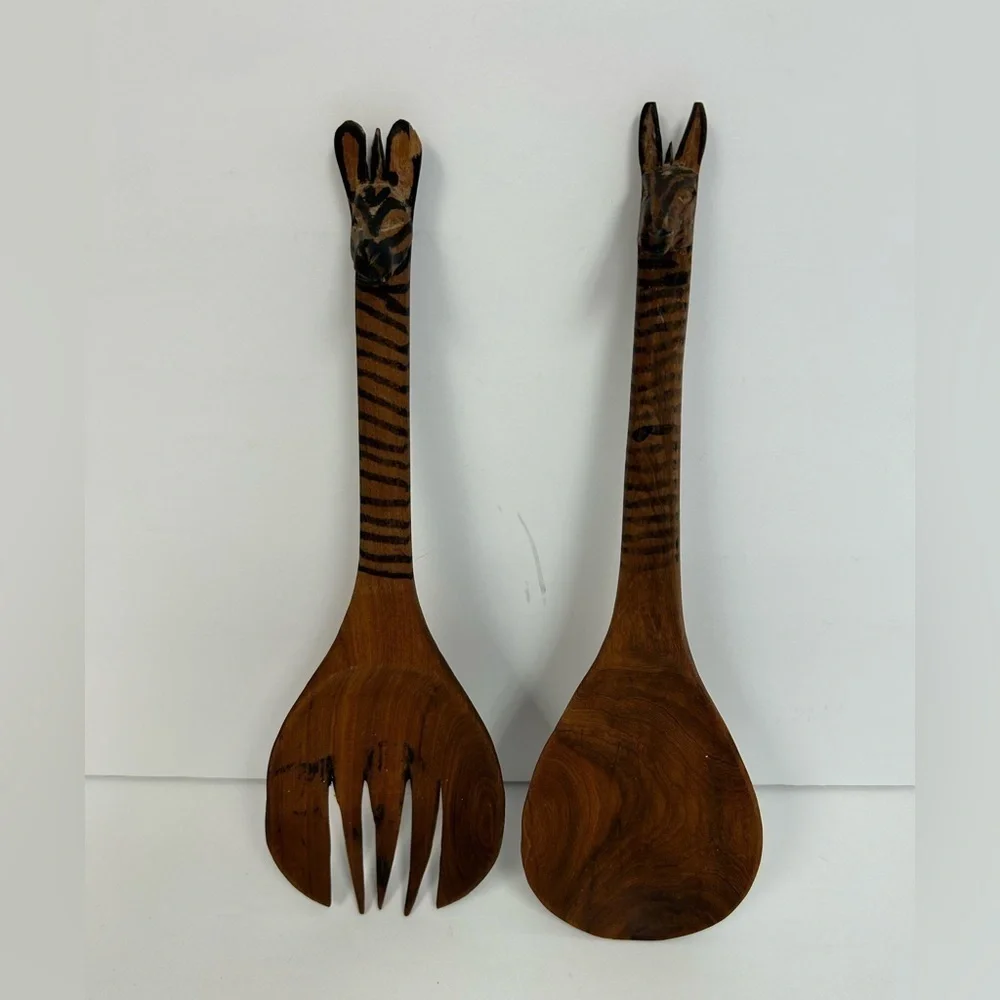 African Safari Giraffe Ladle and Fork Hand Carved Teak/ vintage